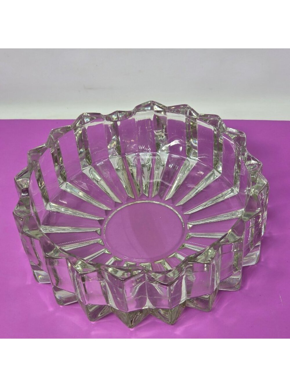 Vintage Heavy Clear Pressed Glass Ashtray 6" Geometric Starburst Design